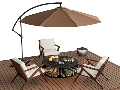 Outdoor Chairs With White Cushions Around Fire Pit Table On Wooden Deck And Brown Umbrella 3d model