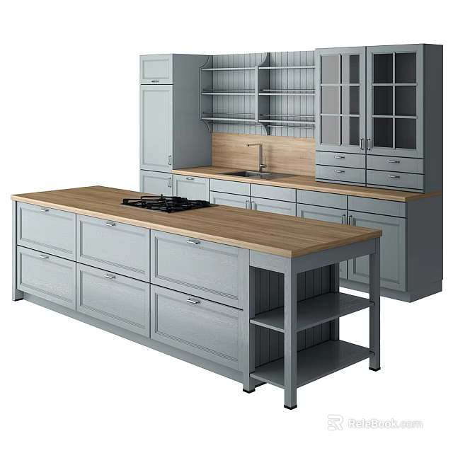 Modern Kitchen Interior With Gray Cabinets Wooden Island Countertop Open Shelves And Sink 3d model 