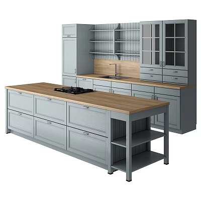 Modern Kitchen Interior With Gray Cabinets Wooden Island Countertop Open Shelves And Sink 3d model