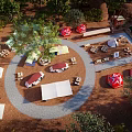Scenic Camping Site Featuring Multiple Tents Trees String Lights Tables Chairs And Mountain View