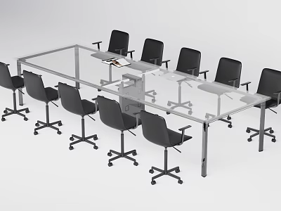 Modern Office Meeting Table with Glass Top and Metal Frame Surrounded by Black Office Chairs 3d model