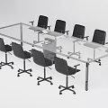 Modern Office Meeting Table with Glass Top and Metal Frame Surrounded by Black Office Chairs
