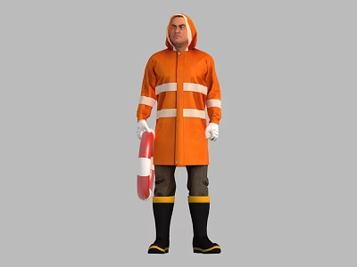 Man in Hooded Orange Raincoat with Black Boots Holding Lifebuoy 3d model