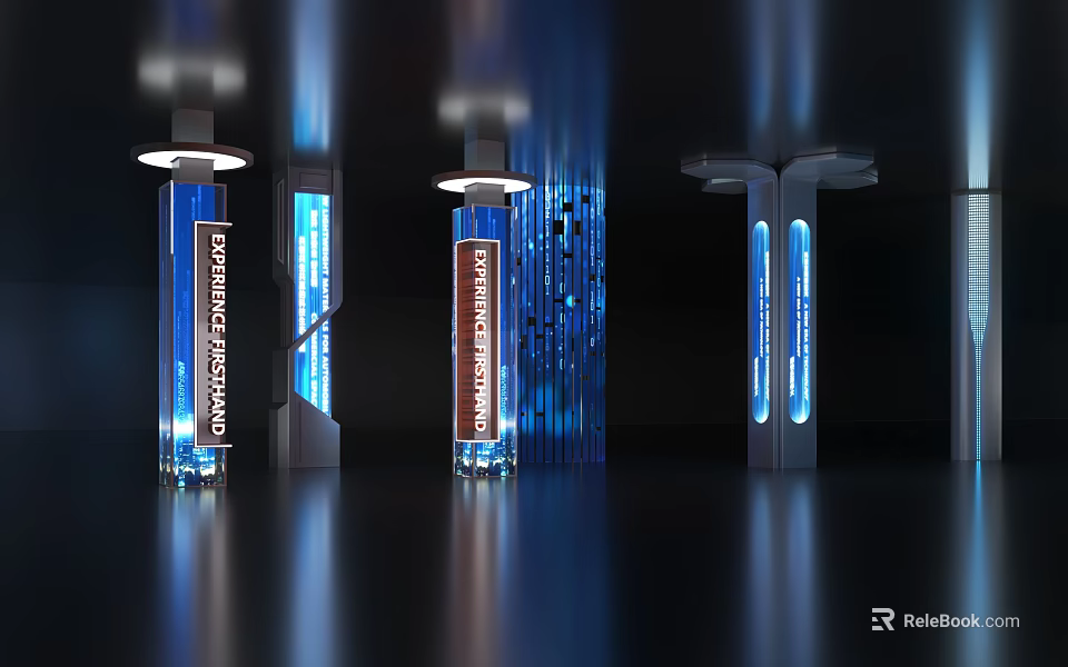 Modern Hi Tech Columns With Blue Lighting And Digital Information Displays 3d model 