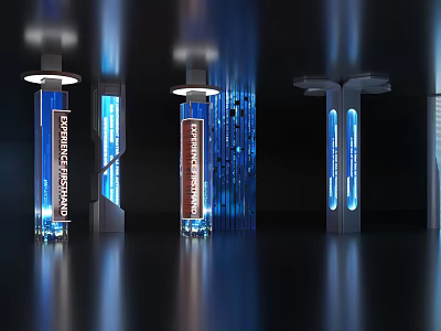 Modern Hi Tech Columns With Blue Lighting And Digital Information Displays 3d model