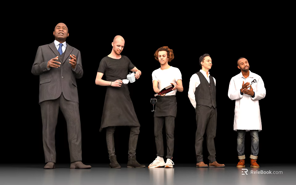 Five People Standing Together Wearing Various Casual and Professional Attire 3d model 