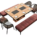 Wooden Dining Table Set With Mesh Back Chairs Brown Cushioned Benches and Black Heating Elements 3d model