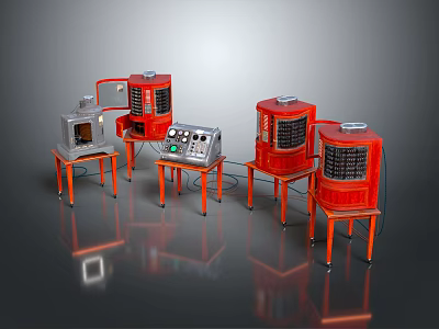 Vintage Red And Gray Computer Equipment With Control Panels On Orange Stands 3d model