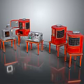 Vintage Red And Gray Computer Equipment With Control Panels On Orange Stands