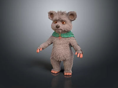 Gray Plush Bear Stuffed Toy With Green Scarf Soft Fur And Cute Standing Pose 3d model
