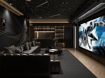Home Theater Room Interior Design With Starry Ceiling Large Screen TV And Black Leather Sofa 3d model