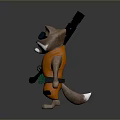 Cartoon Raccoon Character with Blue Sunglasses in Orange Outfit and Green Pouch Holding Black Gun