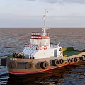 Sailing Boat With White Superstructure Red Gray Hull Green Deck And Tires On Calm Sea