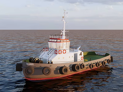 Sailing Boat With White Superstructure Red Gray Hull Green Deck And Tires On Calm Sea 3d model