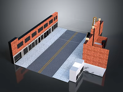 Red Brick Buildings Two Rows Central Road Paved Ground Yellow Lines And Small White Structure 3d model