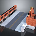Red Brick Buildings Two Rows Central Road Paved Ground Yellow Lines And Small White Structure