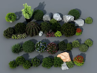 Various Types of Bushes with Different Shapes and Decorative Stones on Gray Background 3d model