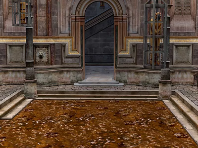 Classic Stone Building Entrance With Arched Door Steps Carved Details And Brown Leaf Covered Ground 3d model