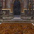 Classic Stone Building Entrance With Arched Door Steps Carved Details And Brown Leaf Covered Ground