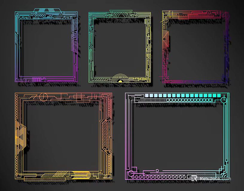 Colorful Geometric Line Designed Frames With Decorative Patterns On Dark Background 3d model 