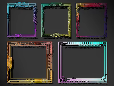 Colorful Geometric Line Designed Frames With Decorative Patterns On Dark Background 3d model