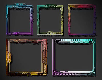 Colorful Geometric Line Designed Frames With Decorative Patterns On Dark Background 3d model
