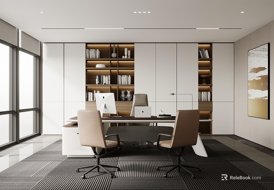 Modern Office Interior Design With Large Windows White Cabinetry Bookshelves Desk Computers And Ergonomic Chairs 3d model 