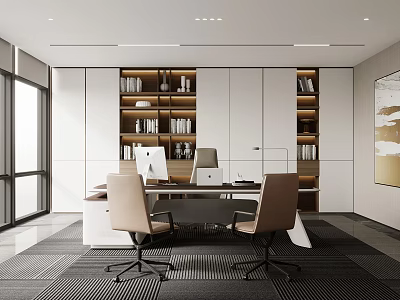 Modern Office Interior Design With Large Windows White Cabinetry Bookshelves Desk Computers And Ergonomic Chairs 3d model