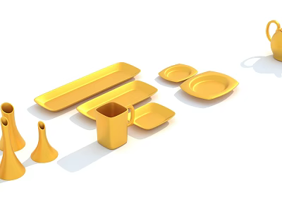 Stylish Golden Tableware Set Including Plates Bowls Cups Trays And Pitcher For Modern Dining 3d model