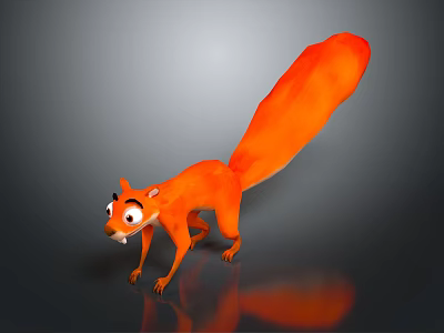 Orange Squirrel 3D Model With Big Eyes And Long Bushy Tail On Shiny Reflective Surface 3d model