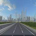 Modern Industrial Complex With Tall Chimneys Pipes Road And Greenery Under Blue Sky