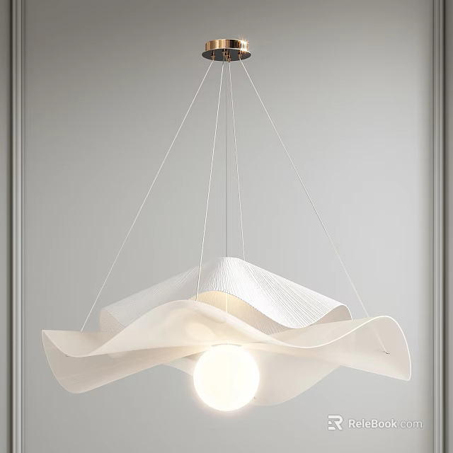 Modern White Chandelier With Wave Shaped Design And Round Bulb In Minimalist Space 3d model 