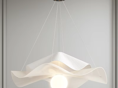 Modern White Chandelier With Wave Shaped Design And Round Bulb In Minimalist Space 3d model
