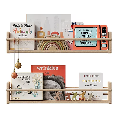 Wooden Bookshelf With Colorful Children's Books And Wooden Animal Figurines 3d model