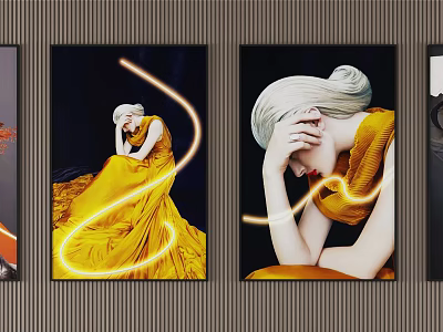 Portrait Paintings Featuring Female Figures In Yellow Dresses With Artistic Light Effects And Elegant Poses 3d model