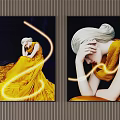 Portrait Paintings Featuring Female Figures In Yellow Dresses With Artistic Light Effects And Elegant Poses