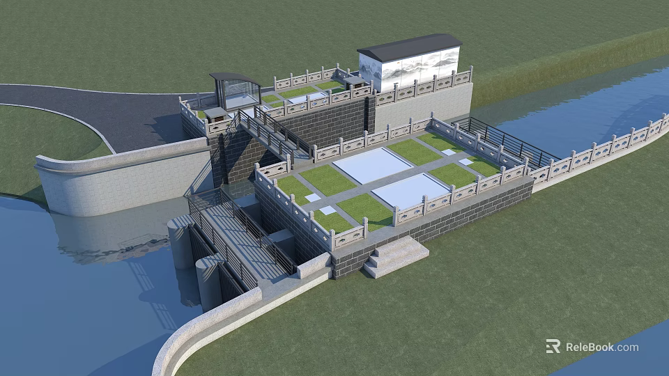 Water Control Structure With Green Lawn Water Area And Walkway Design 3d model 