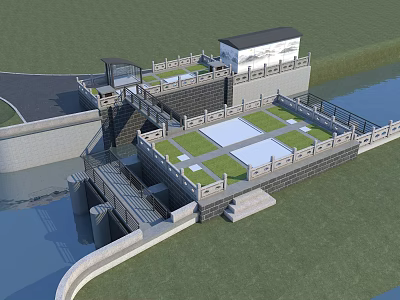 Water Control Structure With Green Lawn Water Area And Walkway Design 3d model