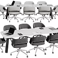 Modern Conference Table With White Tabletop Black Legs And Gray Rolling Office Chairs