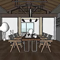 Modern Open Restaurant Interior With Wooden Ceiling Dining Table And Pendant Lights