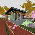 Modern Pavilion With Red Fitness Trail Lush Trees And Glass Windows Surroundings