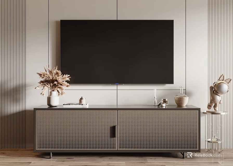 Modern TV Stand With Grid Patterned Doors And Large Flat Screen TV On Minimalist Wall 3d model