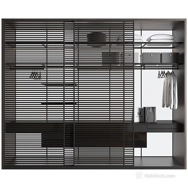 Modern Wardrobe Design With Slatted Panels Open Shelves And Hanging Storage Space 3d model 
