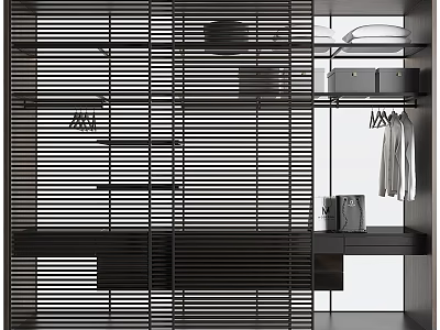 Modern Wardrobe Design With Slatted Panels Open Shelves And Hanging Storage Space 3d model