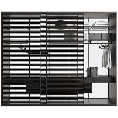 Modern Wardrobe Design With Slatted Panels Open Shelves And Hanging Storage Space 3d model