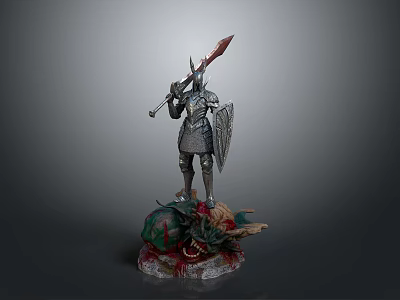 Armored Knight Figurine Holding Spear And Shield Standing On Green Monster With Red Details 3d model