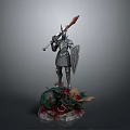 Armored Knight Figurine Holding Spear And Shield Standing On Green Monster With Red Details