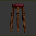 Wooden Furniture Stool With Red Plaid Seat And Carved Decorative Legs Design