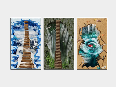 Three Art Paintings With Wooden Stairs Leading To Blue Water Green Vegetation And Sandy Beach 3d model