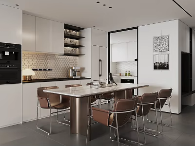 Modern Restaurant Interior Design With White Cabinets Island Dining Table And Brown Chairs 3d model